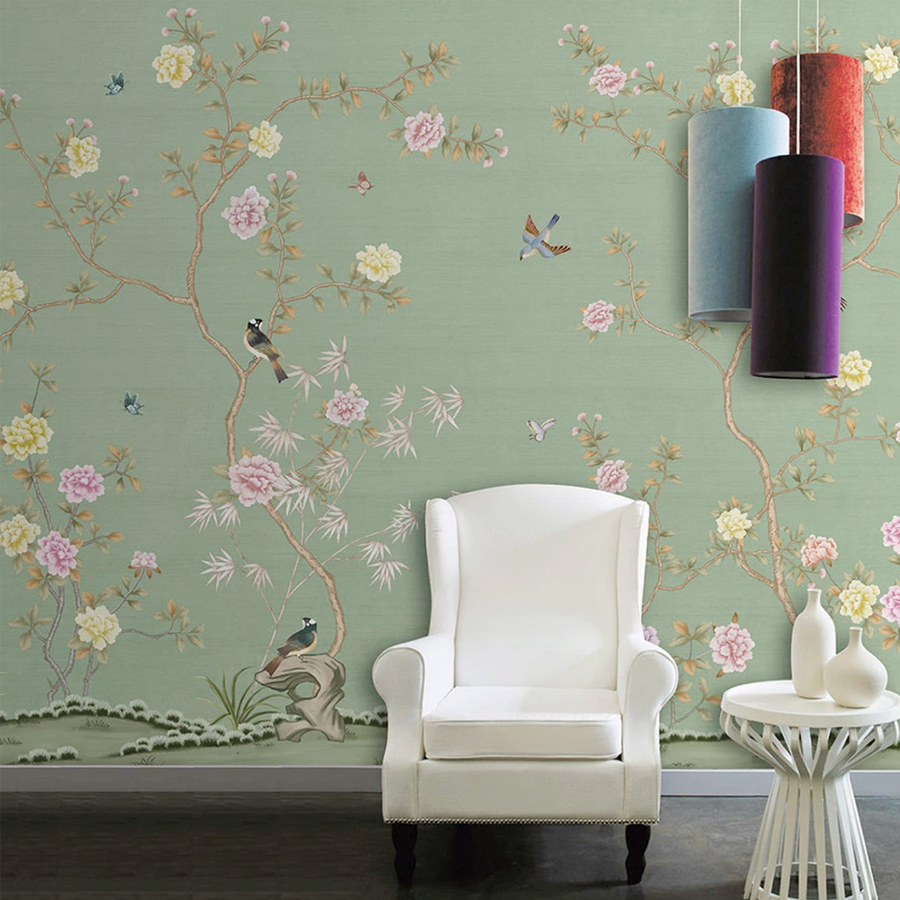 Papier peint hibiscus et hirondelles sur fond menthe
