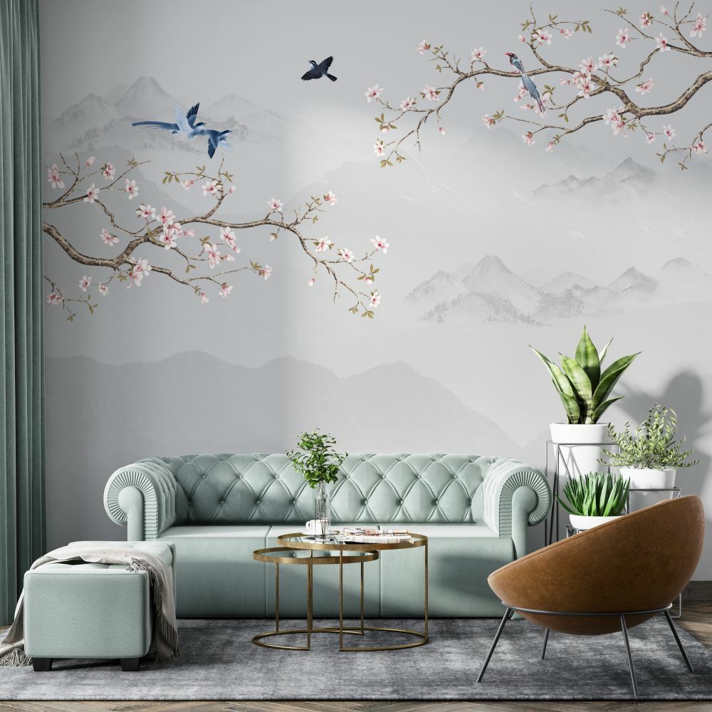 Papier peint montagnes douces, fleurs de sakura et oiseaux