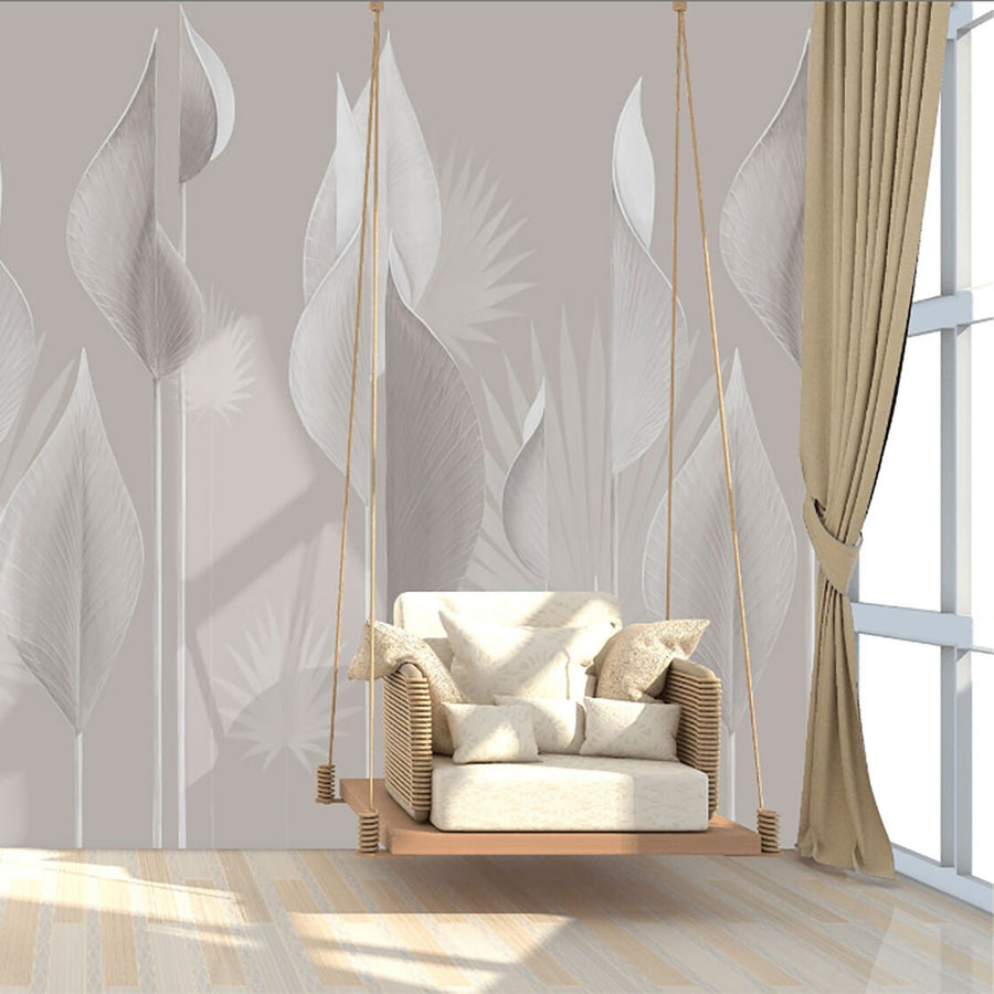 Papier peint longues feuilles de tulipe gris argent