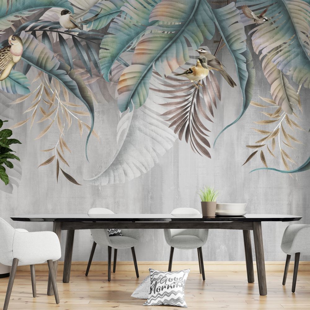 Papier peint hirondelles sur les feuilles