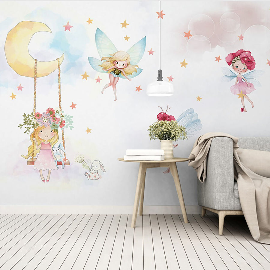 Papier peint petits anges et fillette assise sur la lune