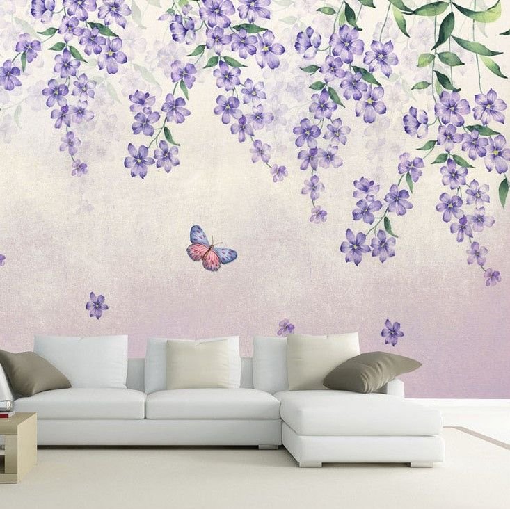 Papier peint petites fleurs violettes et papillons