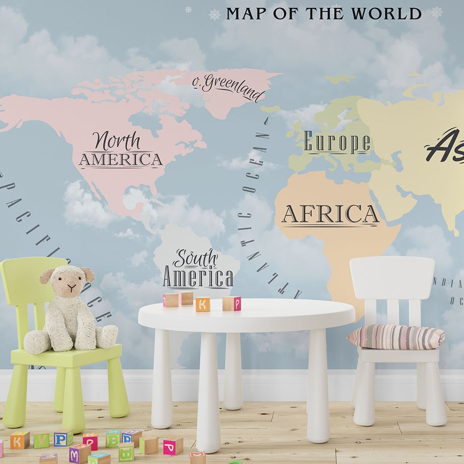 Papier peint carte du monde aux continents colorés et nuages abstraits