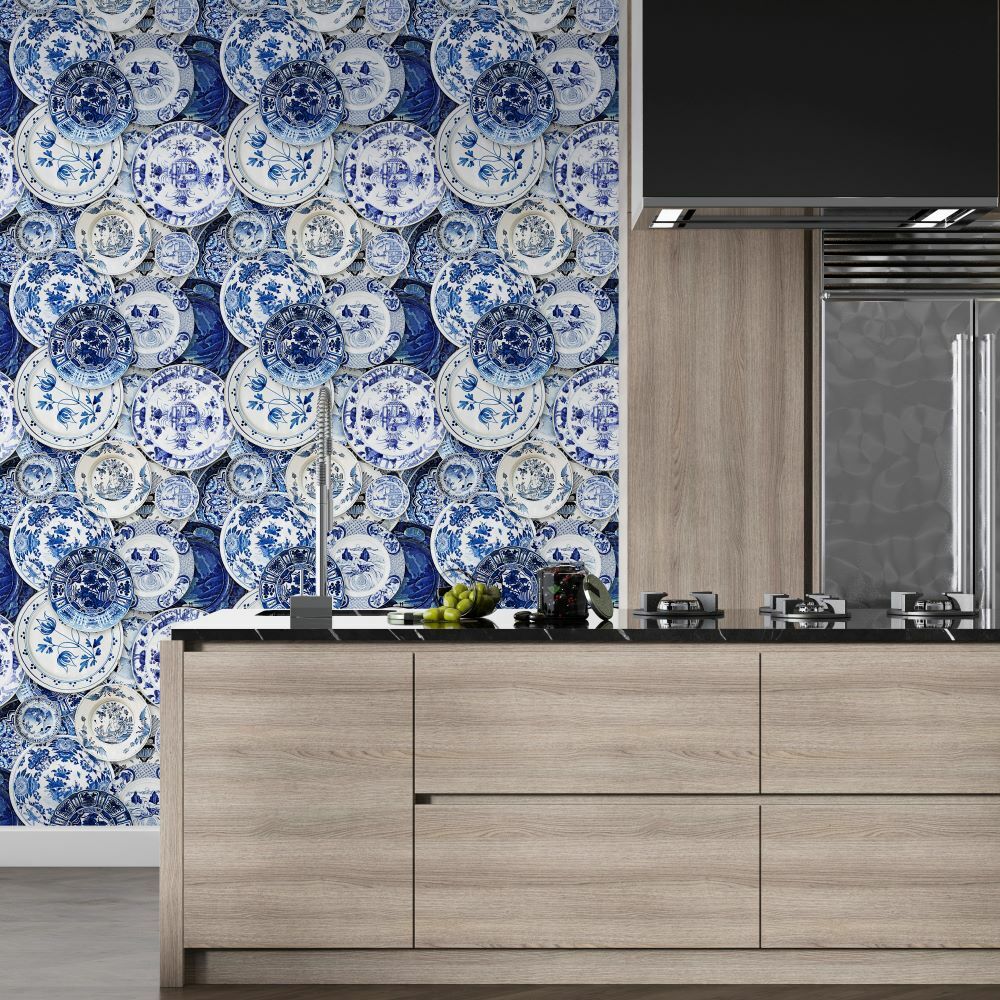 Papier peint Blue Blanc assiettes à motif floral