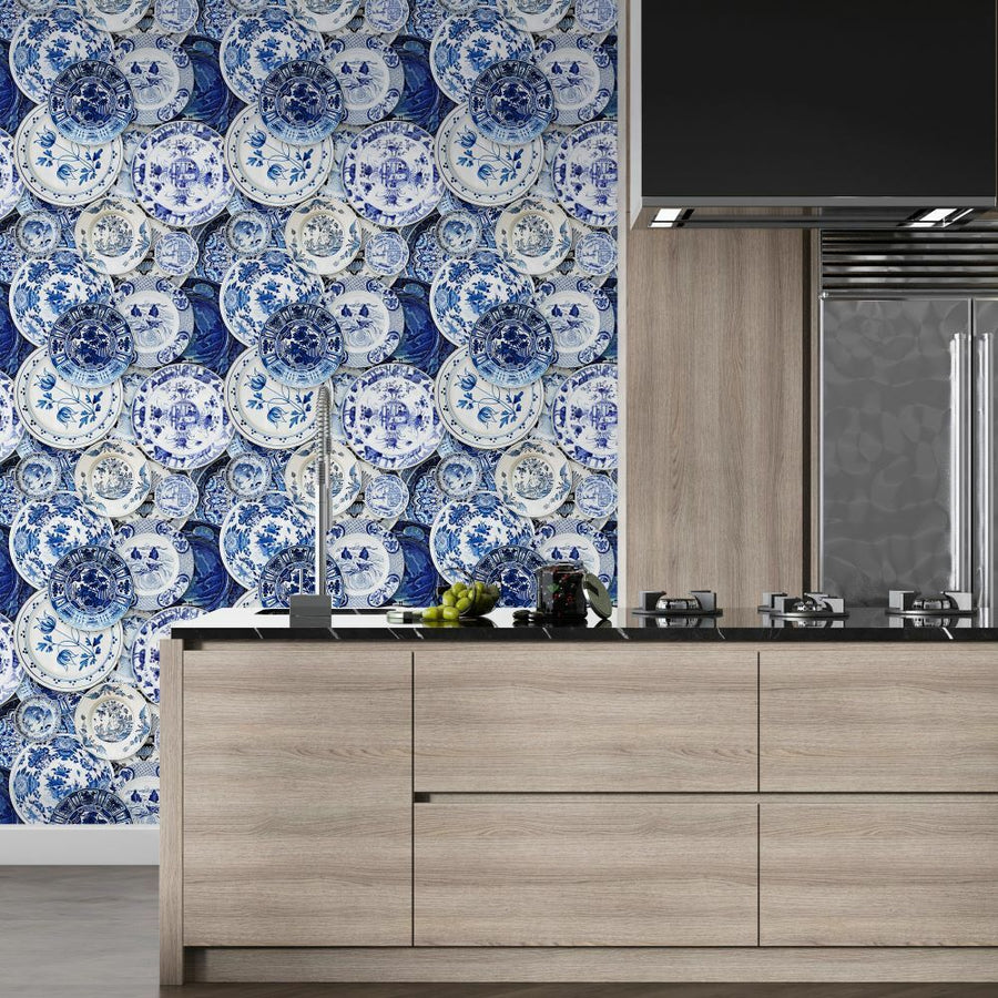 Papier peint Blue Blanc assiettes à motif floral