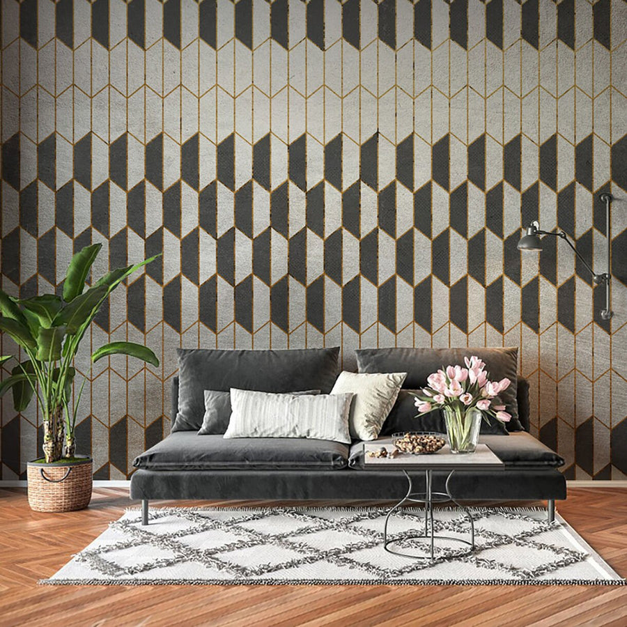 Papier peint nids d'abeilles géométriques beige et anthracite