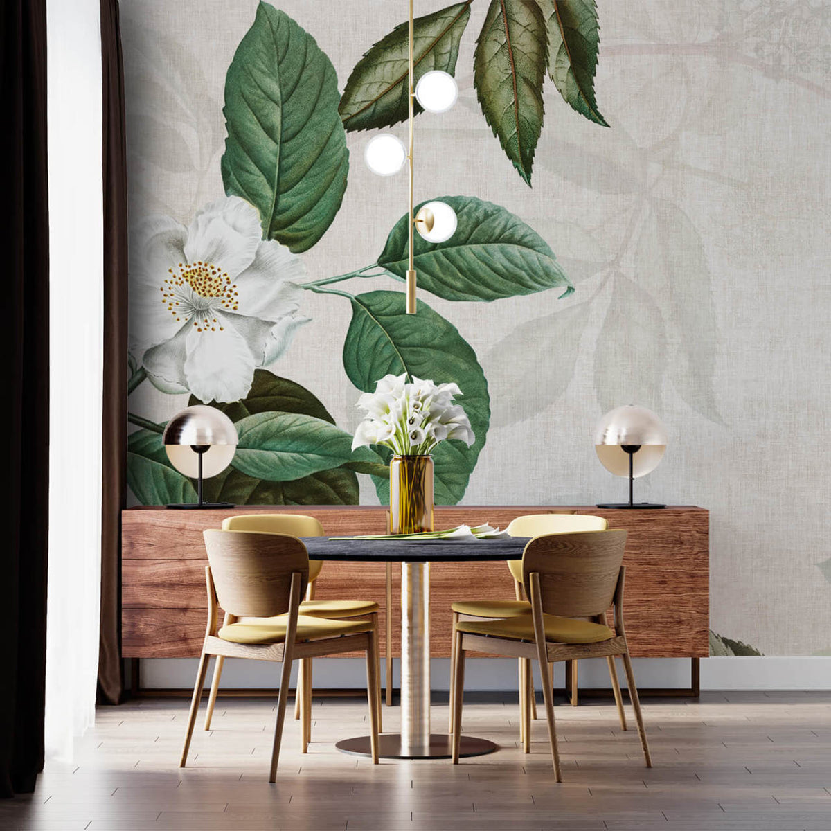 Papier peint fleur de magnolia aux feuilles vertes