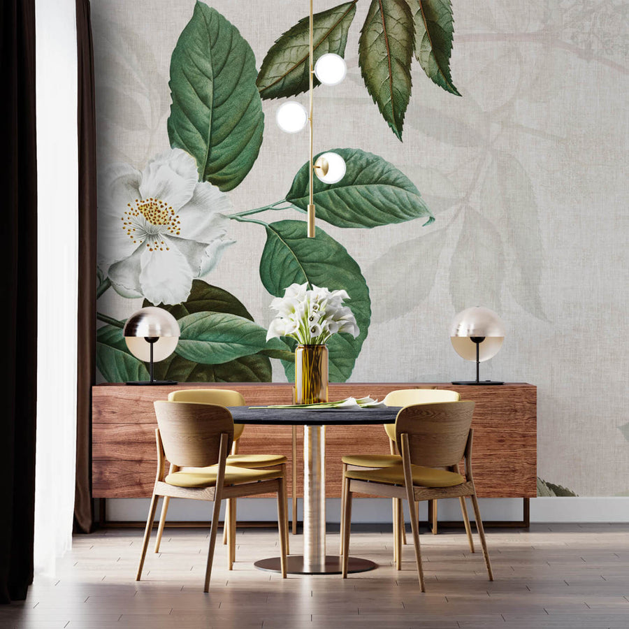 Papier peint fleur de magnolia aux feuilles vertes