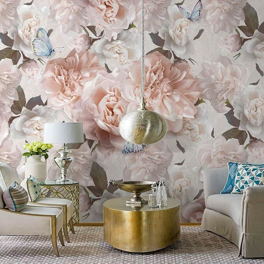Papier peint grandes roses épanouies rose poudré
