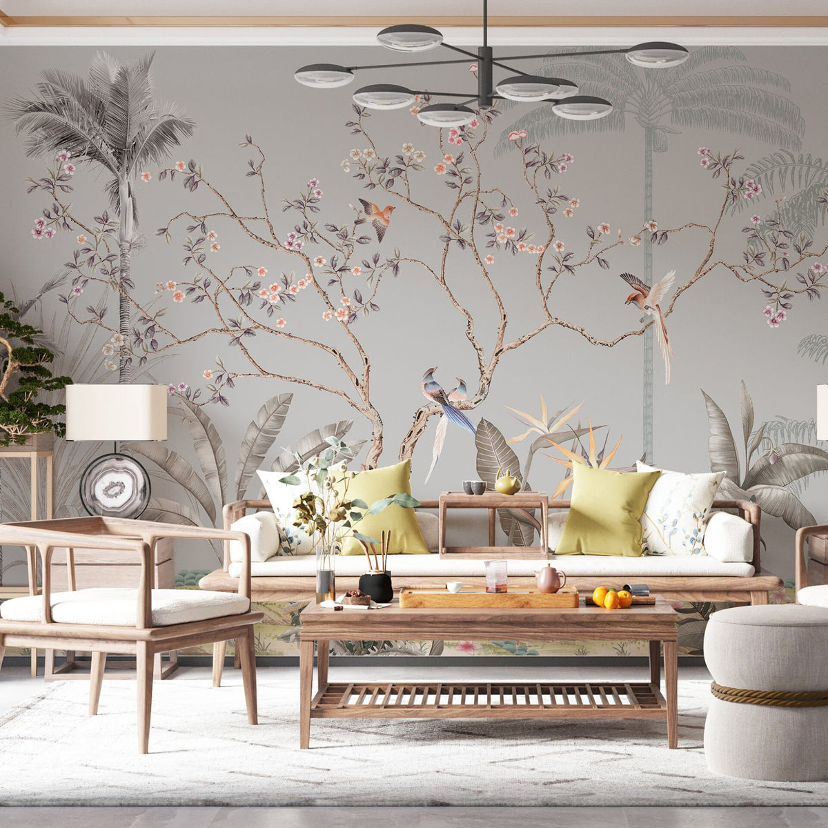 Papier peint cerisiers sakura et oiseaux sur fond gris
