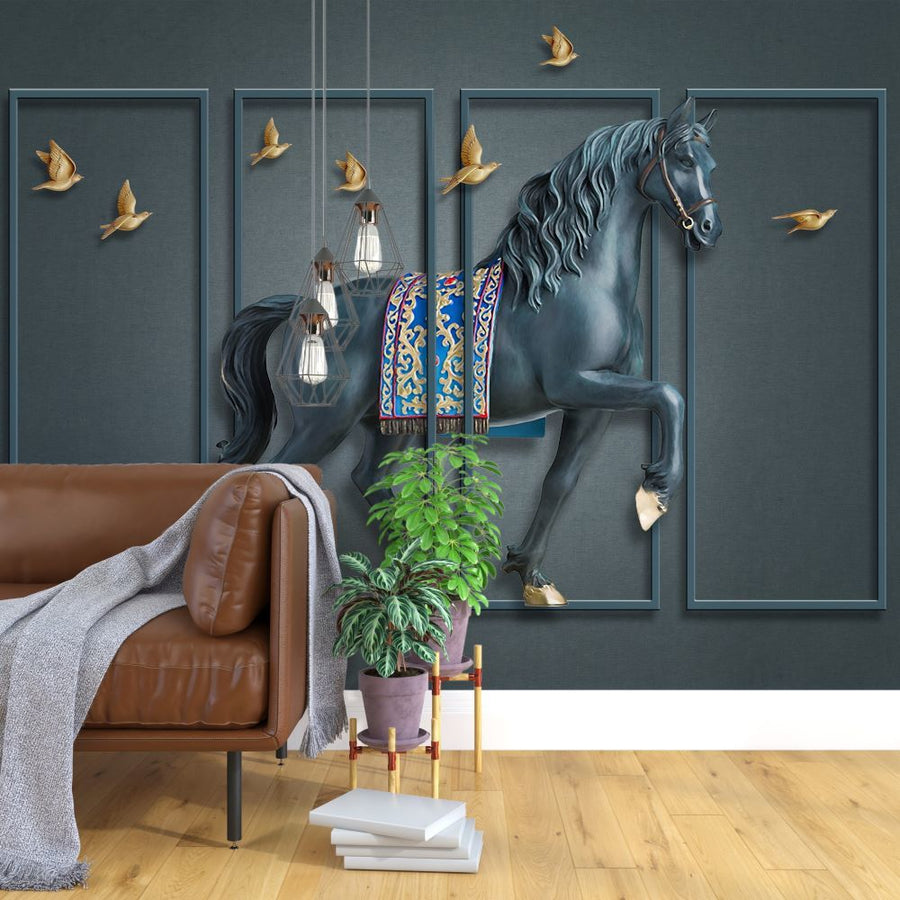 Papier peint Black Horse oiseaux dorés