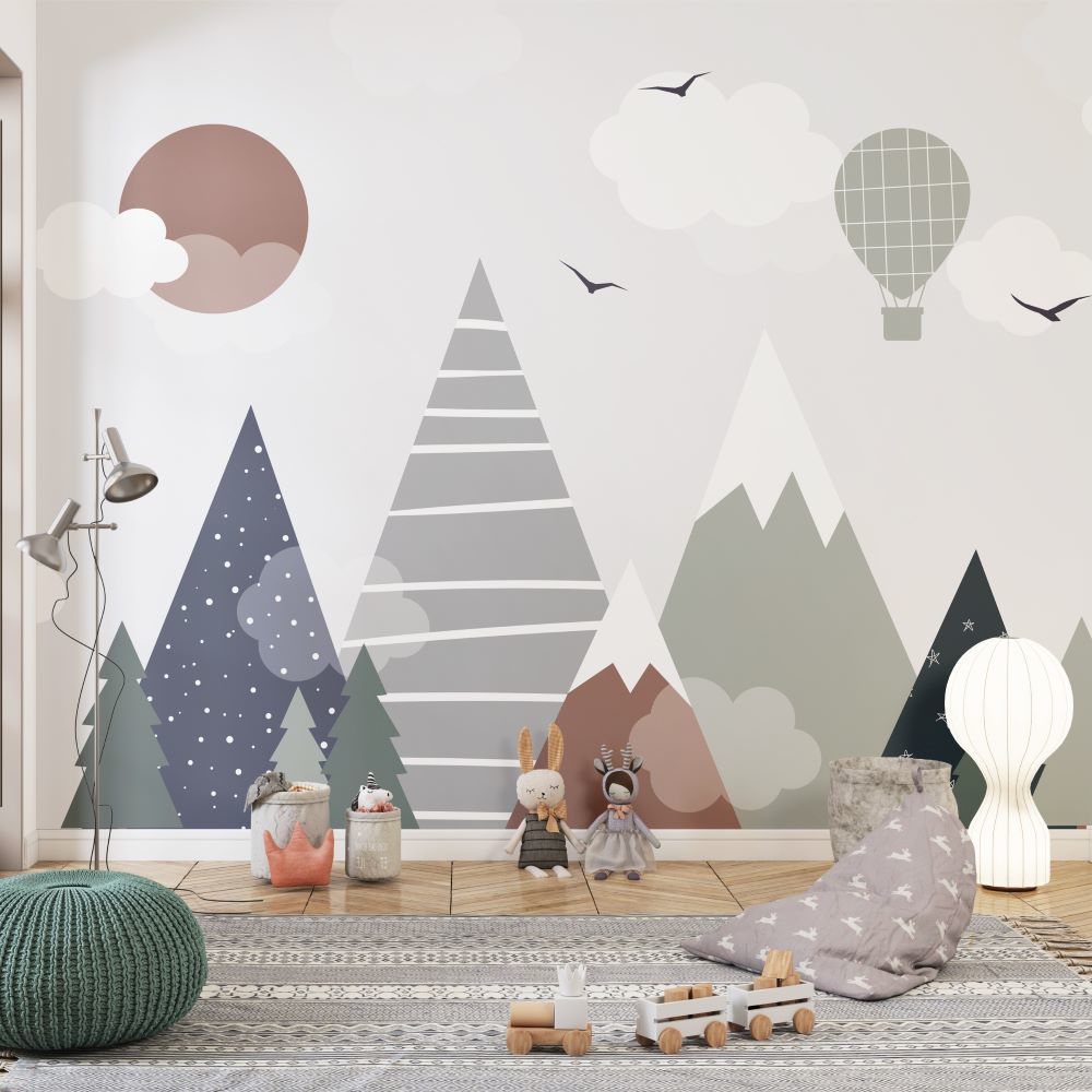 Papier peint montagnes géométriques amusantes et montgolfière