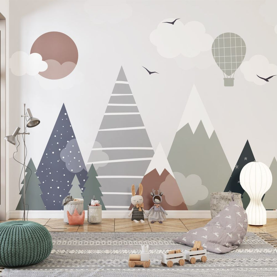 Papier peint montagnes géométriques amusantes et montgolfière