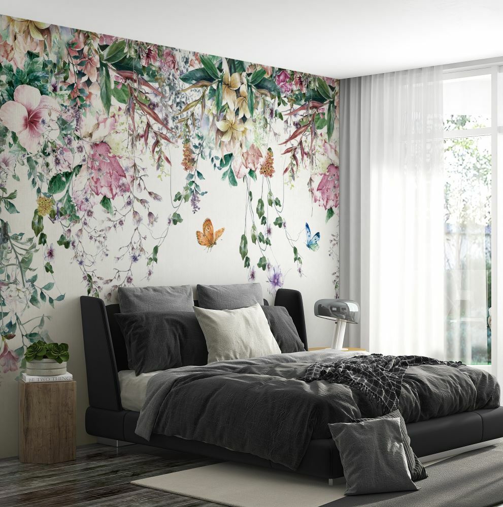 Papier peint lierre aux petites fleurs