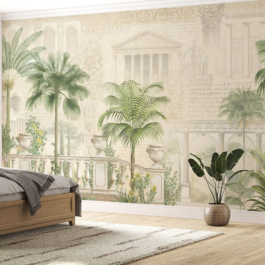 Papier peint palais à colonnes parmi les arbres tropicaux
