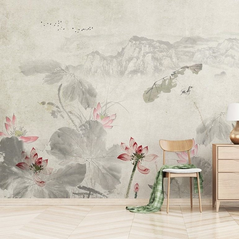 Papier peint montagnes et fleurs sur fond gris