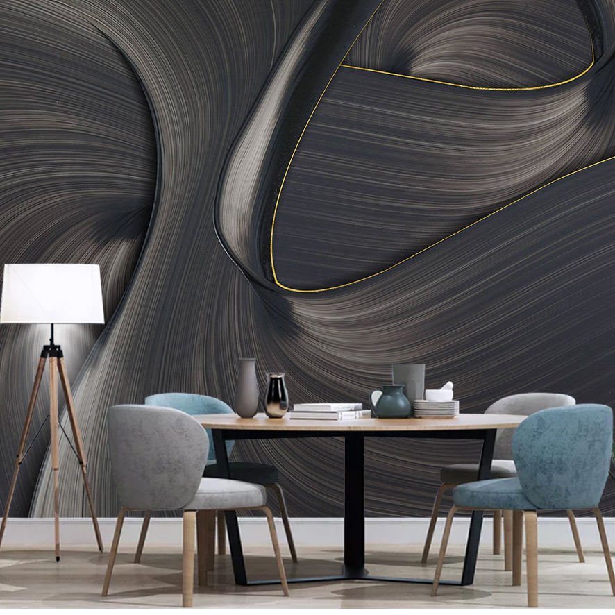 Papier peint tourbillon anthracite et lignes dorées