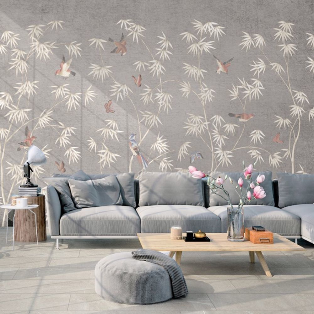 Papier peint branches blanches et oiseaux sur fond vison