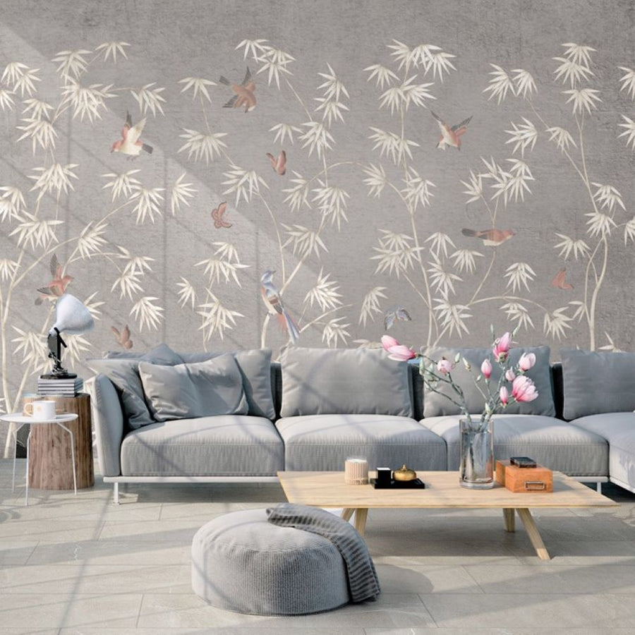 Papier peint branches blanches et oiseaux sur fond vison