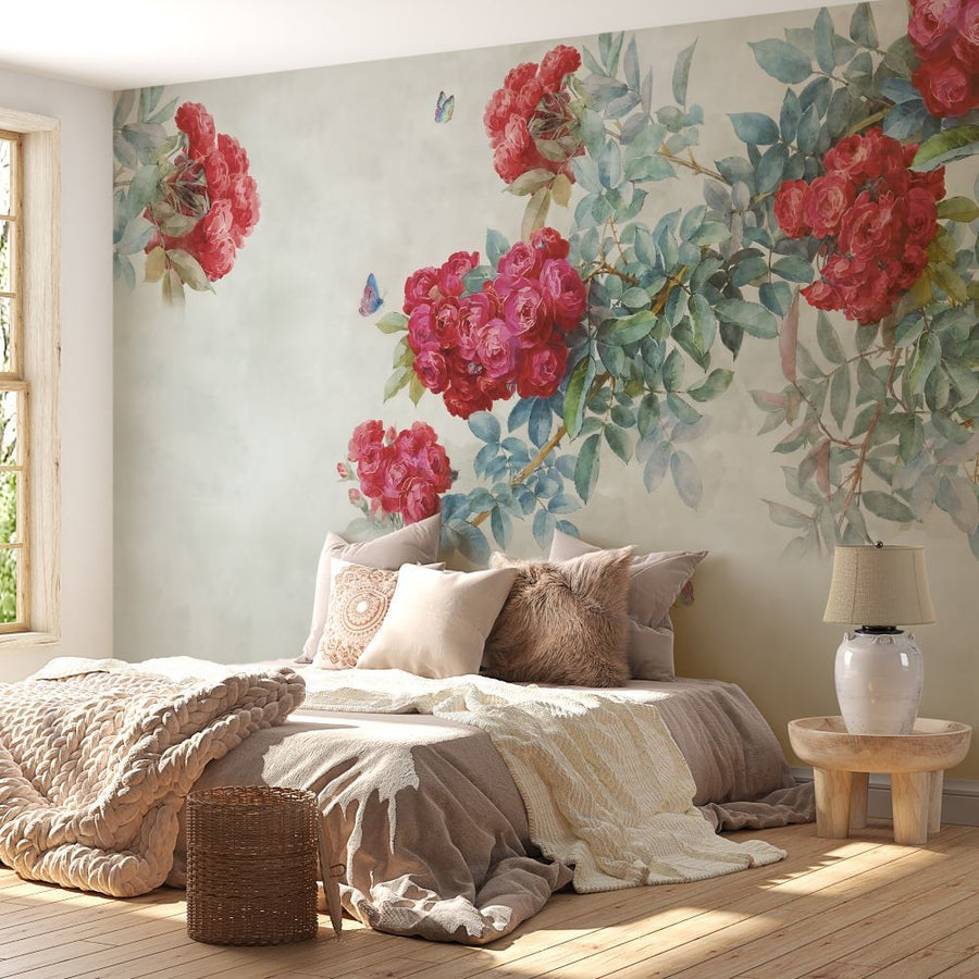 Papier peint roses grimpantes rouges