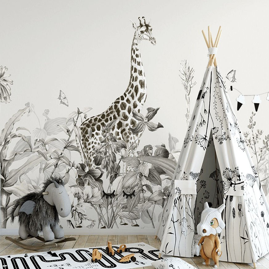 Papier peint girafe et plantes tropicales noir et blanc