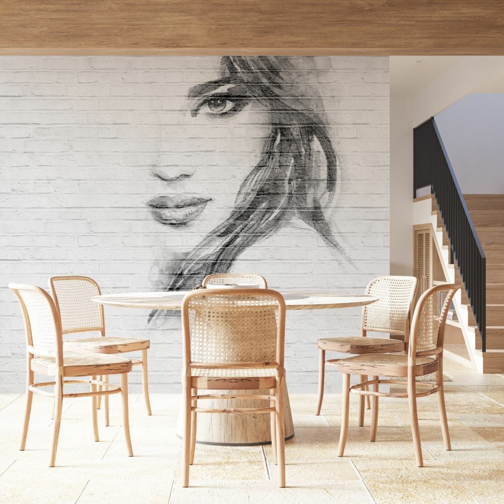 Papier peint dessin au crayon sur briques blanches