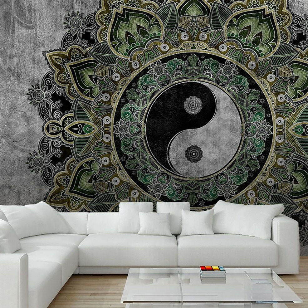 Yeşil siyah mandala ve yin yang desenli salon duvar kağıdı