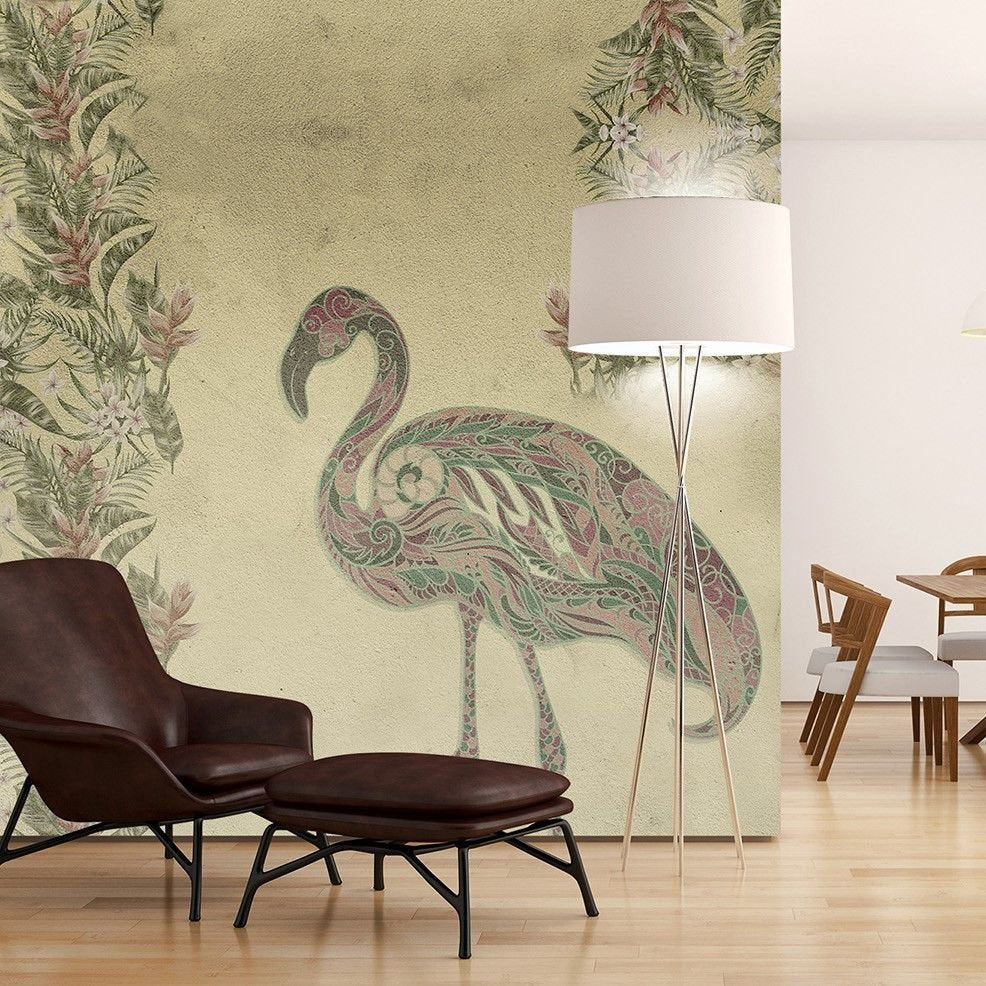 Papier peint flamant rose composé de fleurs