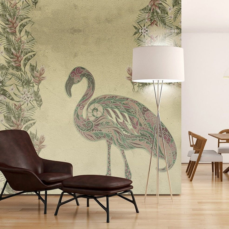 Papier peint flamant rose composé de fleurs