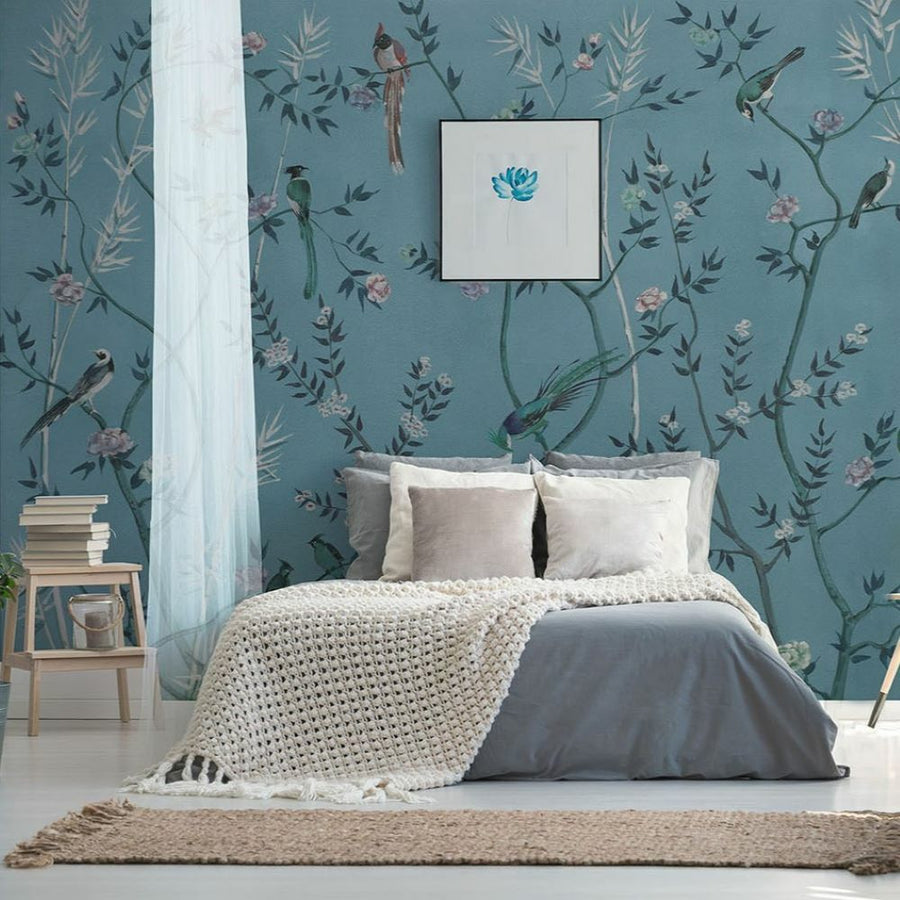 Papier peint perroquets exotiques sur fond bleu
