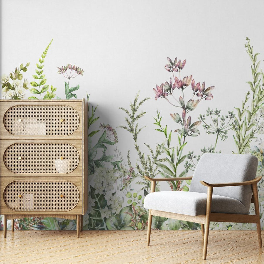 Papier peint feuillages exotiques sur fond blanc