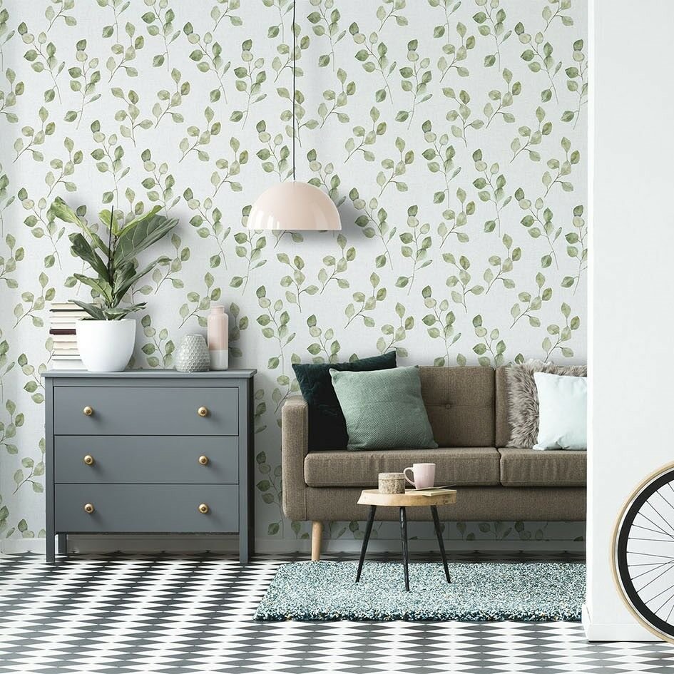 Papier peint petites feuilles grimpantes effet aquarelle