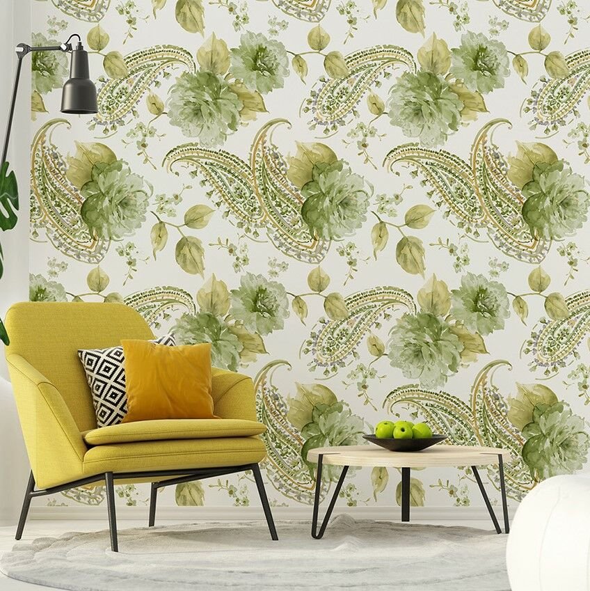 Papier peint motif ethnique roses vertes