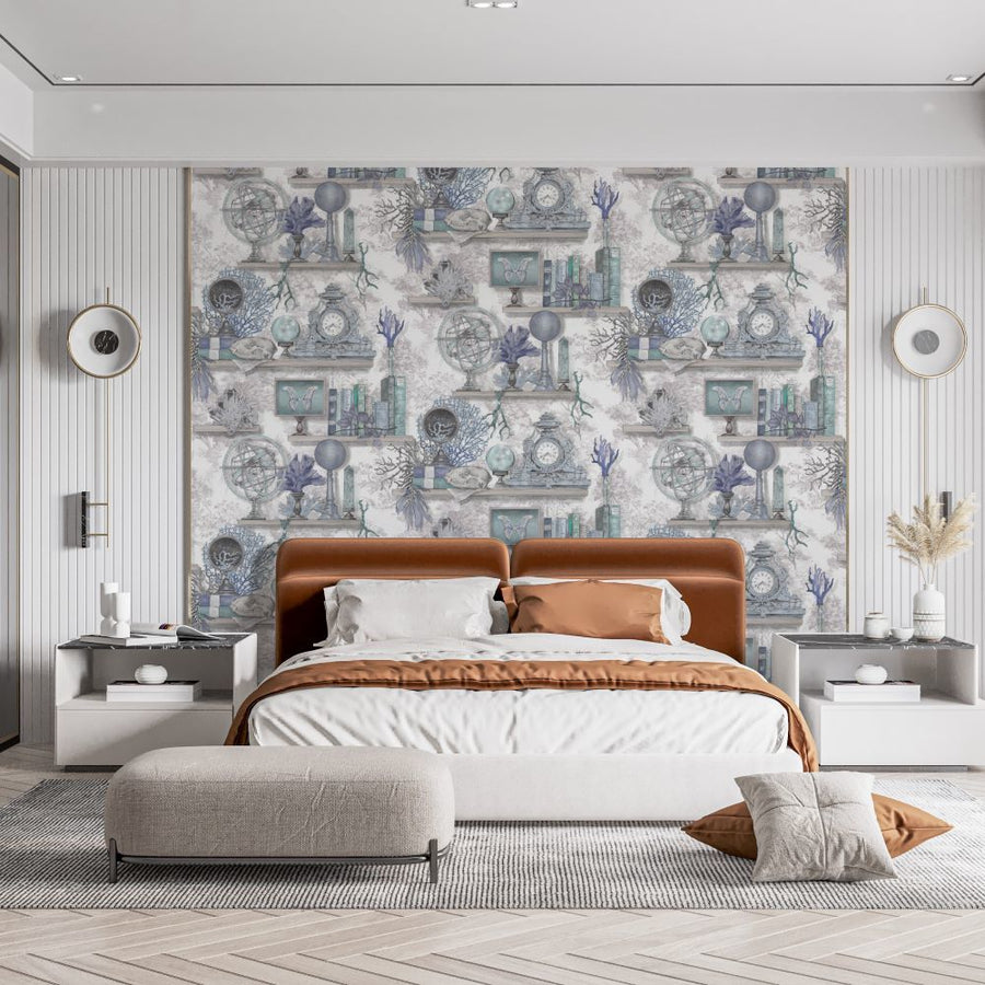 Papier peint mur bleu, horloges et bibelots du monde