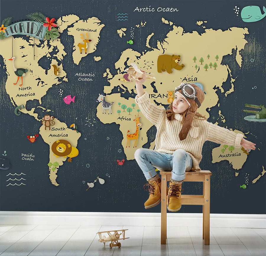 Papier peint carte du monde des animaux