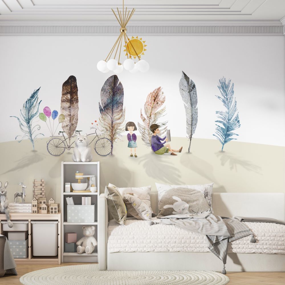 Papier peint amis lisant parmi des plumes colorées