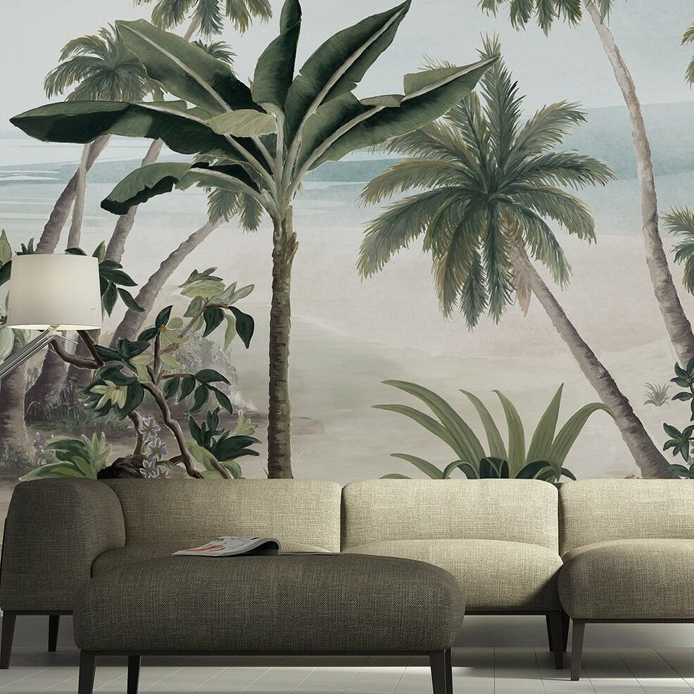 Papier peint île tropicale et arbres à effet aquarelle