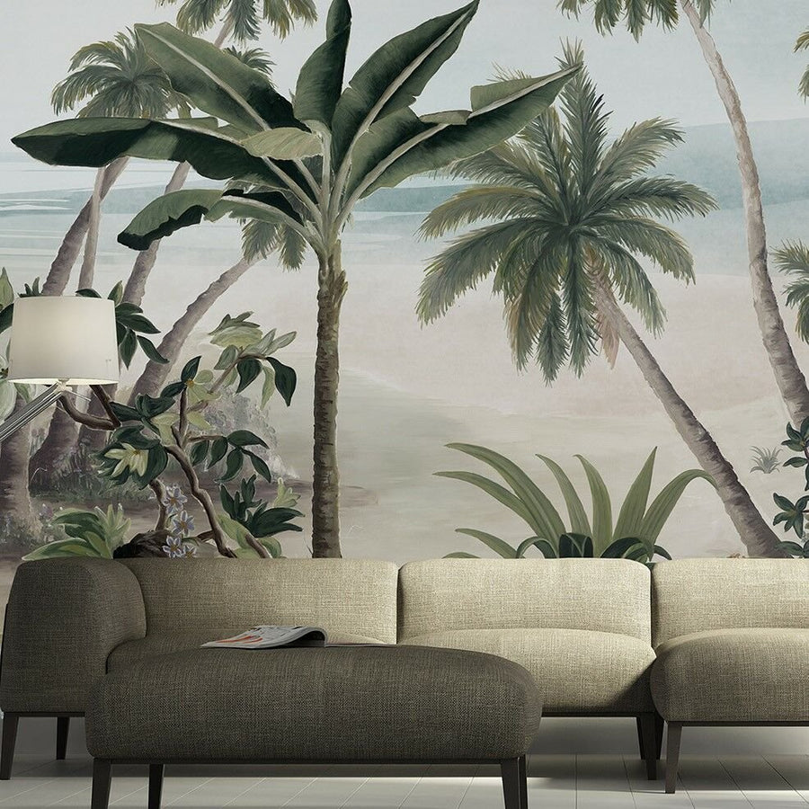 Papier peint île tropicale et arbres à effet aquarelle