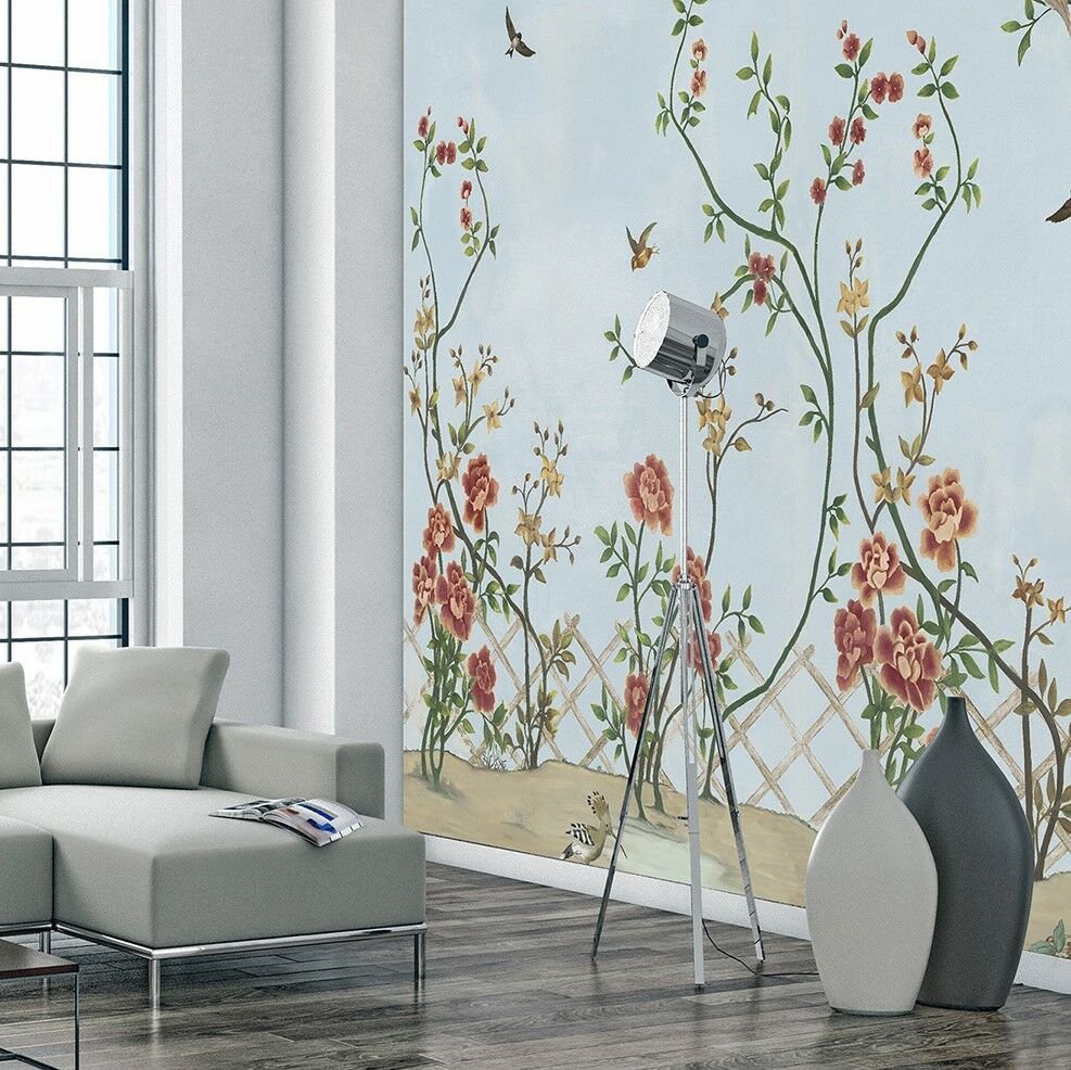 Papier peint petites fleurs grimpantes et roses