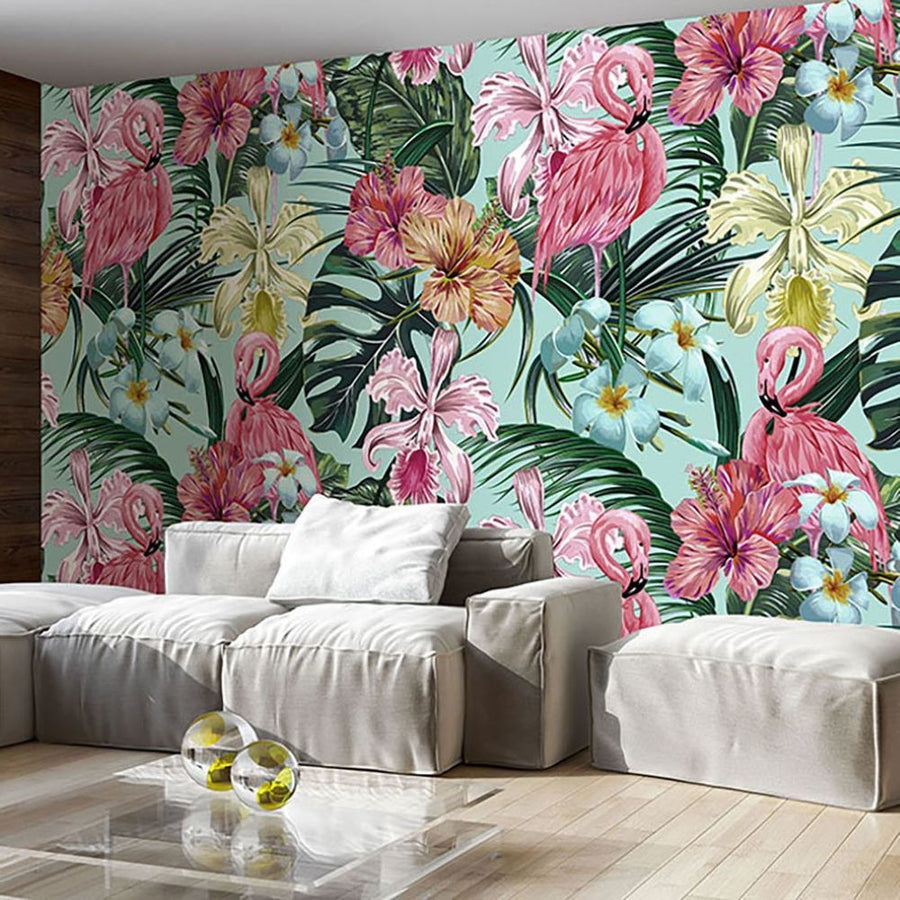 Papier peint cigognes roses parmi les fleurs