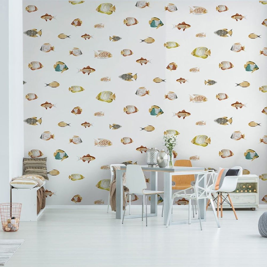 Papier peint poissons sur fond blanc