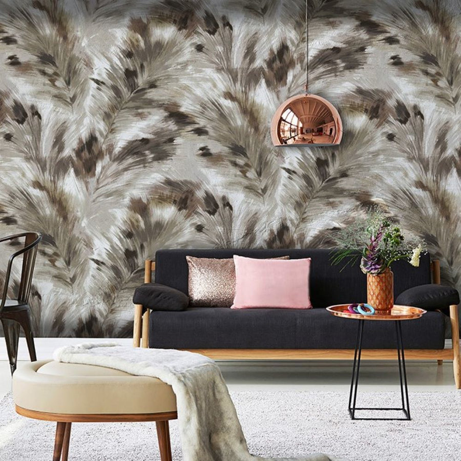 Papier peint plumes brun, gris et beige