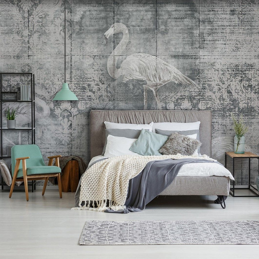 Papier peint flamant rose sur fond anthracite patiné