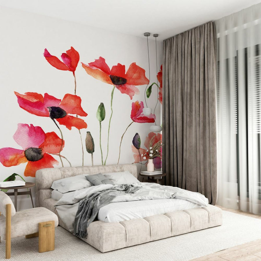 Papier peint coquelicots sur fond blanc