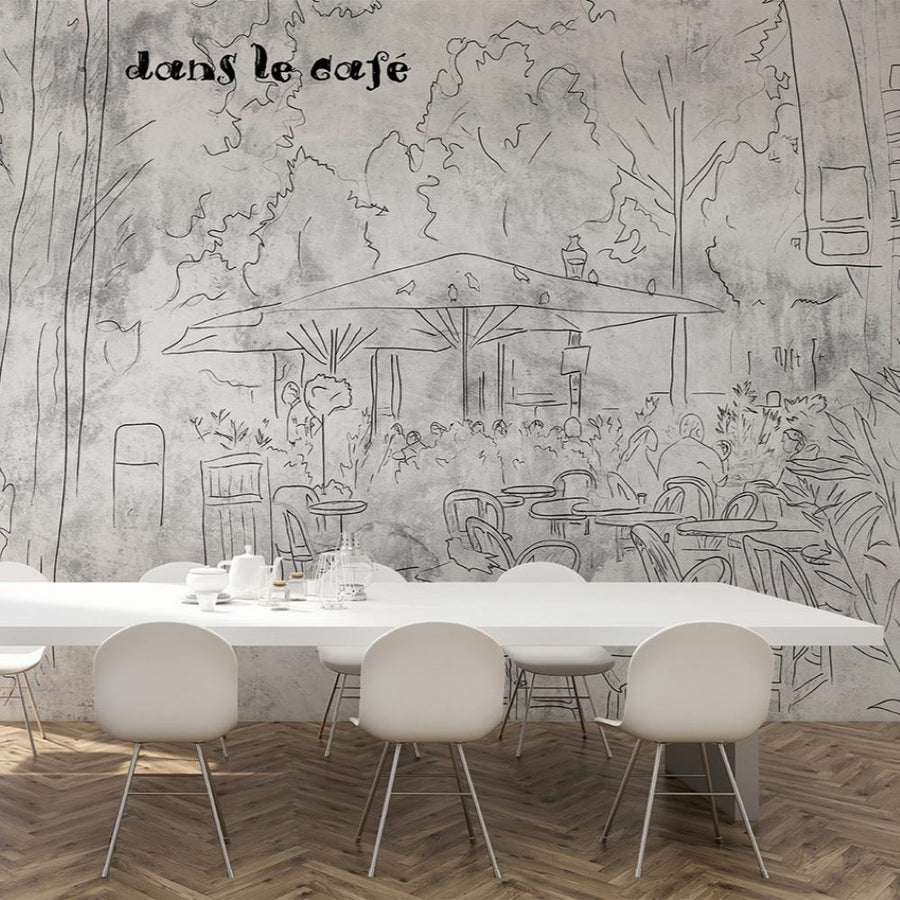 Papier peint café en caricature au crayon