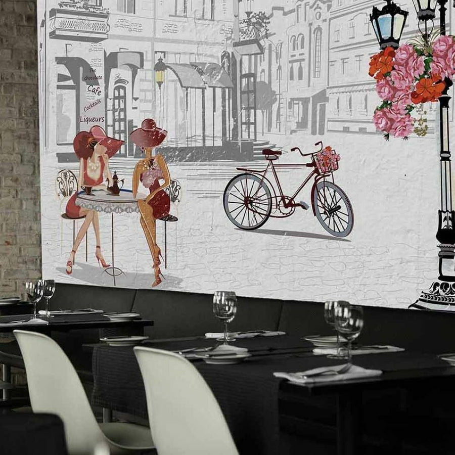 Papier peint femmes en rouge attablées au café