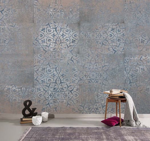 Papier peint carreaux patinés cuivre et bleu