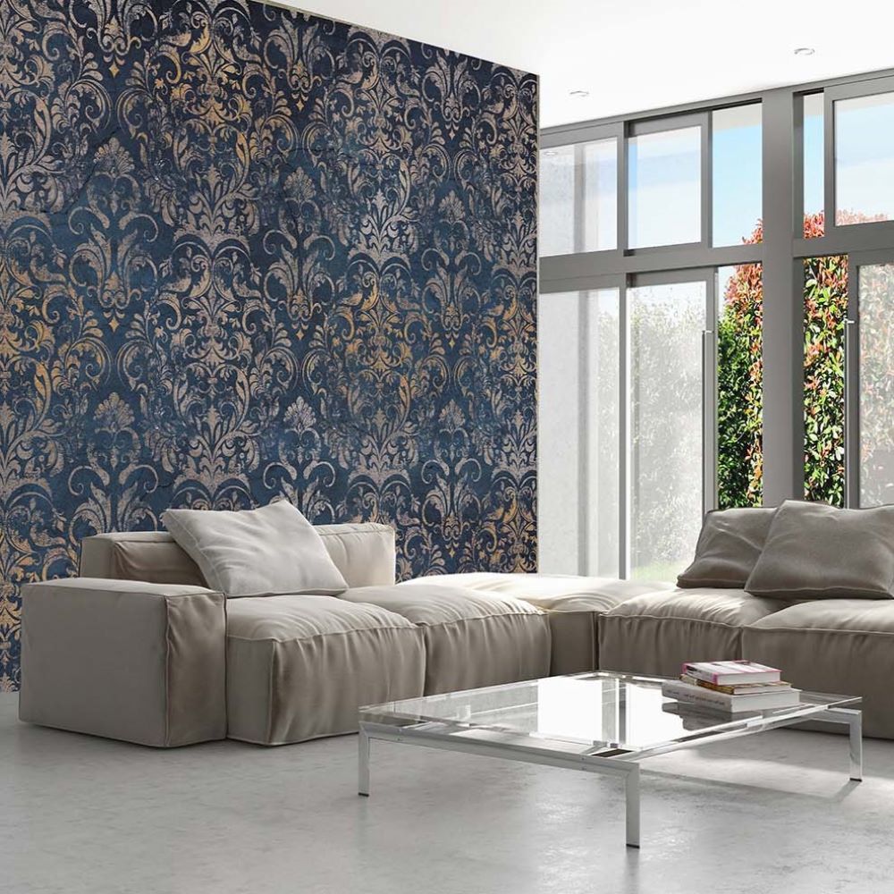Papier peint motif cachemire sur bleu marine foncé