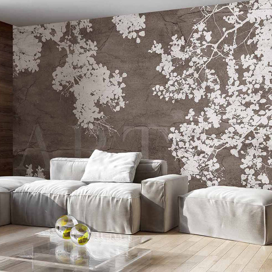 Papier peint fleurs blanches sur fond sépia