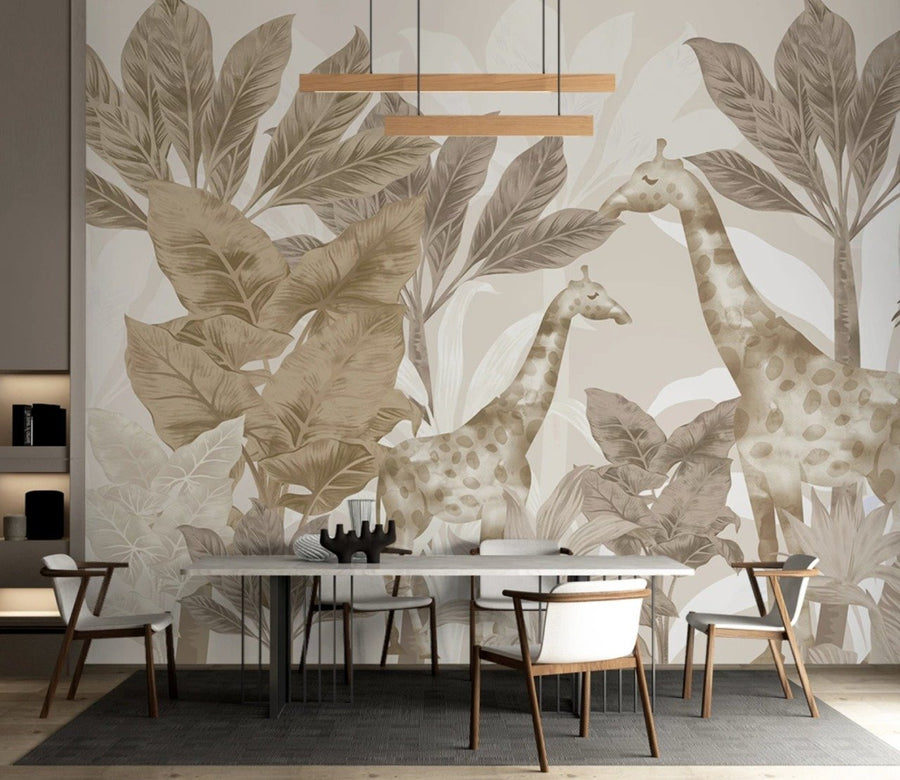 Papier peint grandes feuilles et girafe en sépia